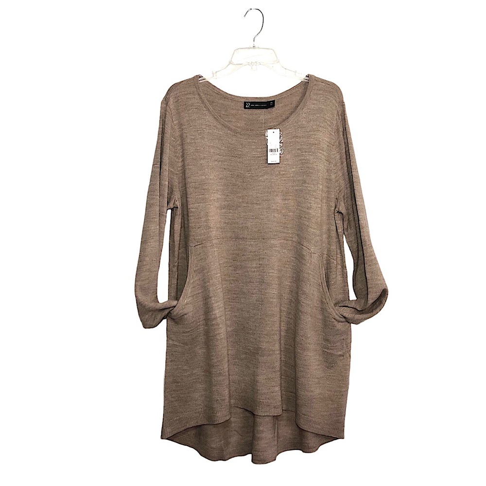 New York & Company Knit Long Sleeve & Pockets Tan Tunic Sweater XXL